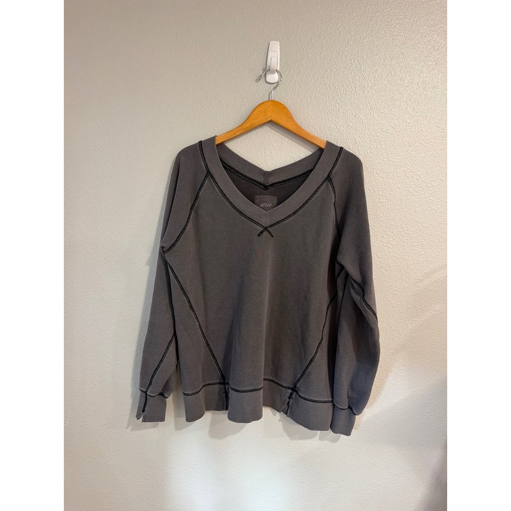 Aerie Sweatshirt Women XS Charcoal Grey V-Neck Exposed Seams Fleece Pullover
